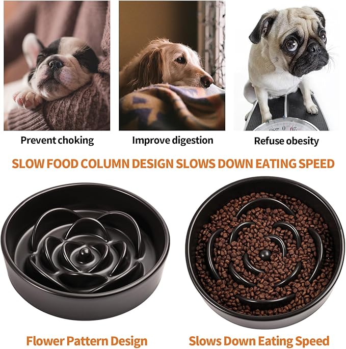 8.26 in Black Ceramic Slow Feeder Dog Bowl for Medium and Large Breed,Pet Feeding Dog Food Water Dish Heavy Weighted,Puppy Bowl for Fast Eaters,Puzzle Slow Eating Dish Modern Maze