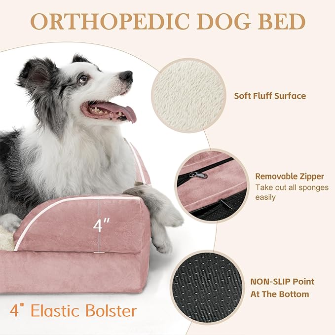 Comfort Expression Orthopedic Dog Bed for Medium Dogs 30x20 Inch, Waterproof Supportive Egg Crate Foam Medium Pet Bed with Removable Bolsters, Dog Couch with Washable Cover & Non-Slip Bottom, Pink