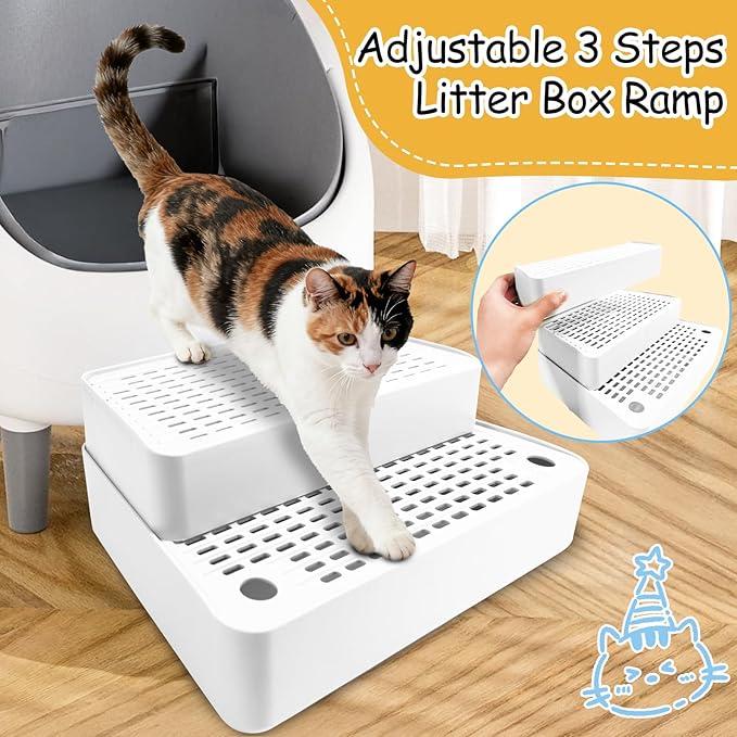 Adjustable 3 Steps Cat Litter Box Step, Litter Box Ramp with Filter Function, Non-Slip, Easy to Clean,Cat Litter Stair for Small & Elderly Cats (White)