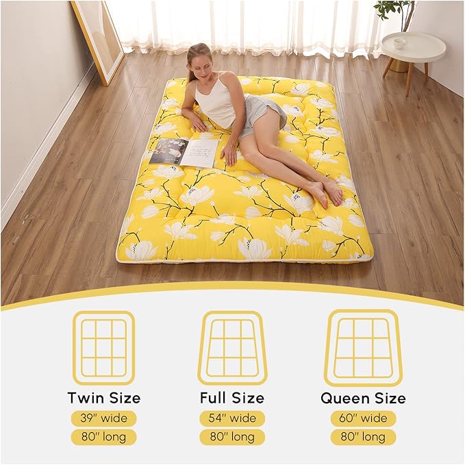 Japanese Floor Mattress, Futon Mattress with Portable Storage Bag and Washable Cover, Roll Up Thick Tatami Mat Suitable for Camping, Guest Room, Yellow Flower, Full
