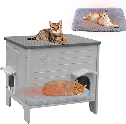 Rockever Waterproof Cat House for Outdoor Cats, Insulated Outdoor Cat House with Soft Mat, Elevated Feral Cat House Outdoor Indoor, Safe Escape Door, Spacious and Clean Easily(M,Grey with Mat)