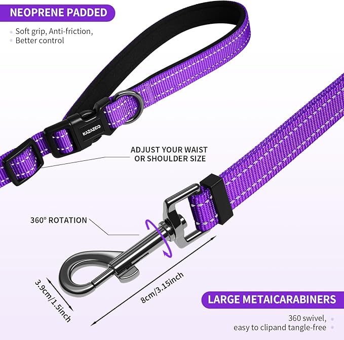 Kazazoo Hands-Free Dog Leash Adjustable Length 5-8 Ft, Waist for Dog Walking, Running for Small &Medium Dogs with Reflective Strips, Ballistic Nylon, Waist Belt, Lightweight Purple