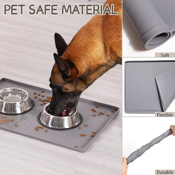MateeyLife Silicone Cat & Dog Food Mat for Floors Waterproof, Anti-Slip Dog Bowl Mats for Food and Water, Pet Feeding Mats with Lip to Prevent Spills, Pet Placemat for Messy Drinkers to Protect Floors