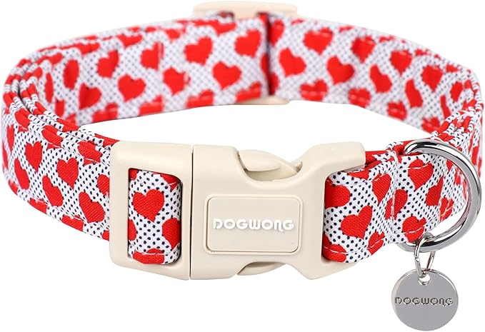 DOGWONG Valentine's Dog Collar - Red Heart Adjustable Cotton Heart Dog Collar - Perfect for Large Dogs