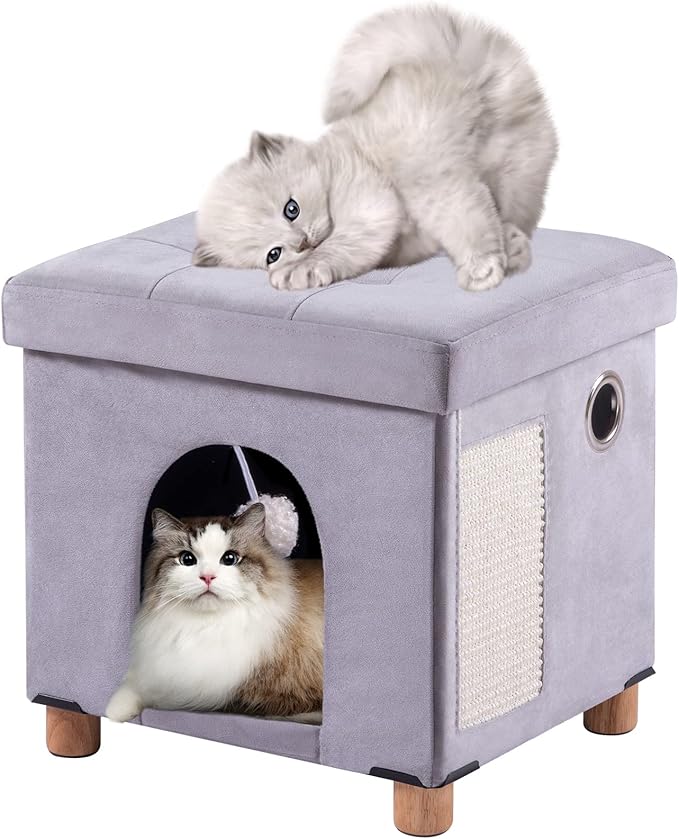 BRIAN & DANY Foldable Cat House for Indoor Cats, Large Cat Cube for Pet Cave with Scratch Board & Ball, 14.7" x 14.1” x 12.7”, Light Gray