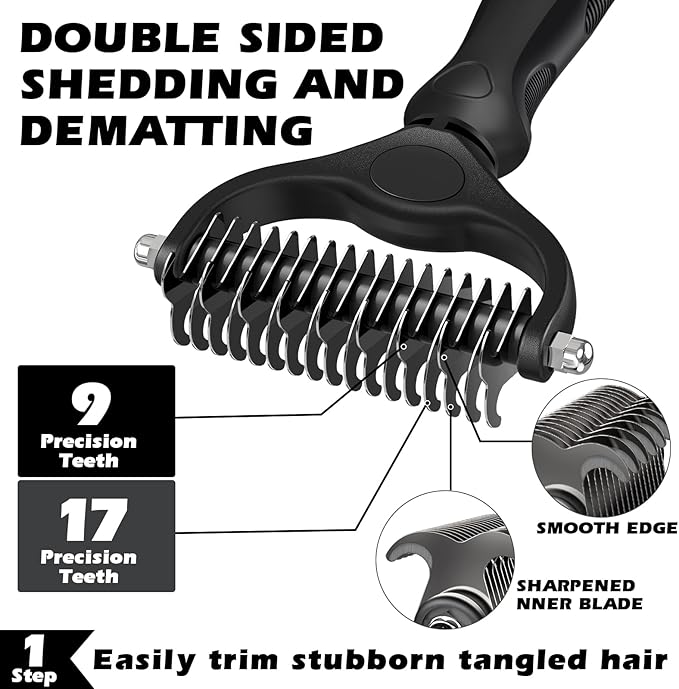3PCS Self Cleaning Slicker Brush & Pet Grooming Rake & Flea Comb for Dogs,Cats and Horses | Double-Sided Dematting Comb & Skin Friendly Deshedding Grooming Tool | Premium Pet Supplies (Black)