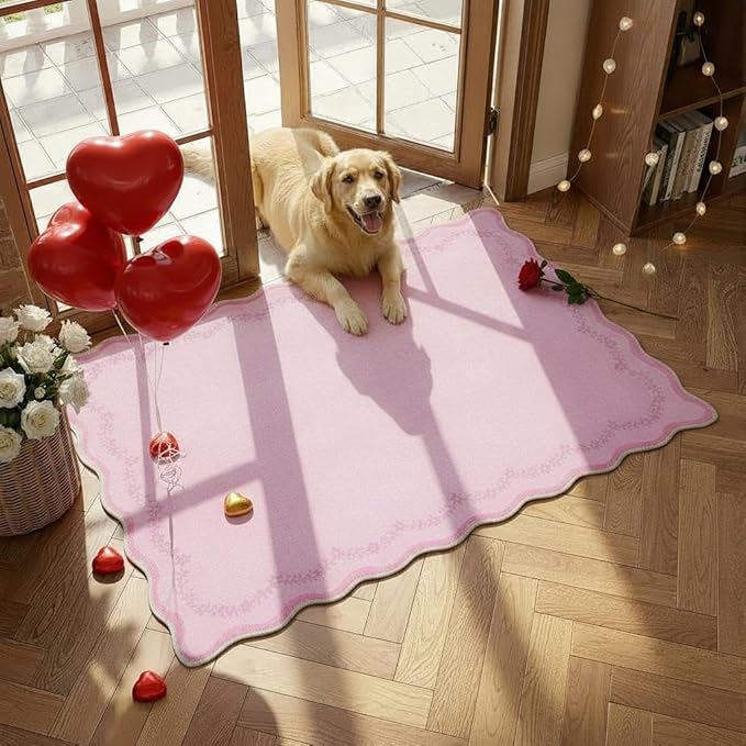 GarveeHome Scalloped Entryway Rug, 2x3 Valentines Solid Pink Washable Front Door Rug Indoor Entrance Floral Carpet Non-Slip Low Pile Throw Rugs for Kitchen, Powder Room, Entry, Bathroom, Kids Room