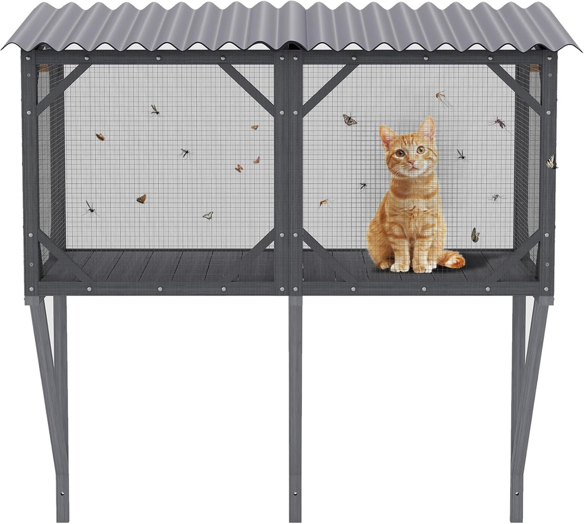 Cat Window Box, 43.3" Catio o Outdoor Cat Enclosure for Sunbathing, Napping & Bird Watching, Wood Cat Window Perch with Mosquito Net Window Catio for Indoor Cats(Gray+Removable Mesh 43.3")