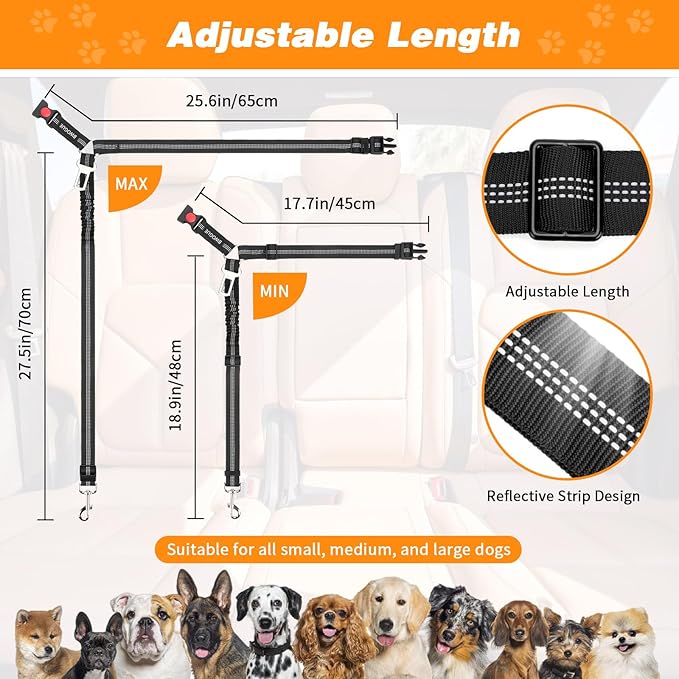 BWOGUE 2 Piece Dog Seat Belt for Car with Elastic Bungee Buffer Safety Seatbelt Car Headrest Restraint Wear Adjustable Metal Buckle Harness in Vehicle Travel for Pet