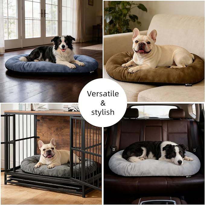 Washable Large Dog Bed for Medium & Large Breeds, Non-Slip Bottom & Plush Faux Silver Fox Fur Oval Cushion Pad for Big Dogs, Soft Mat for Crates, Mist Blue, 41x27 Inch