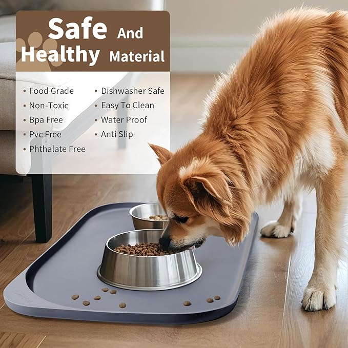 Silicone Pet Food Mat with Raised Edge for Food and Water Bowl, Dog Feeding Mats, Cat Food Trays for Floor Waterproof, Rubber Tray for Dogs and Cats, 17 x 12 x 0.7 Light Gray