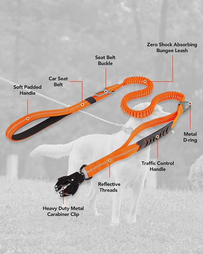 Joytale Tactical Dog Leash Heavy Duty, 4-6FT Shock Absorbing Bungee Lead with 2 Padded Handle, Metal Carabiner Clip, Car Seatbelt, Strong No Pull Leash for Medium Large X-Large Dogs, Orange