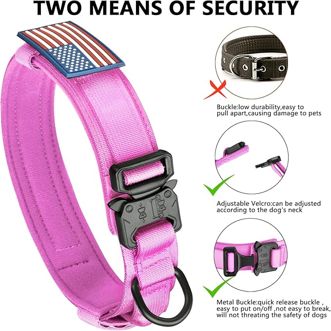 DAGANXI Tactical Dog Collar, Adjustable Military Training Nylon Dog Collar with Control Handle and Heavy Metal Buckle for Medium and Large Dogs, with Patches and Airtags Case (L, Pink)
