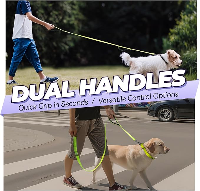 VIVAGLORY Twingrip Dog Leash, Double Handle Dog Leash for Training & Walking with Traffic Handle & 2 Loop, Traffic Control Reflective Heavy Duty for Puppy Pet, 4ft x 1/2in, Bright Yellow