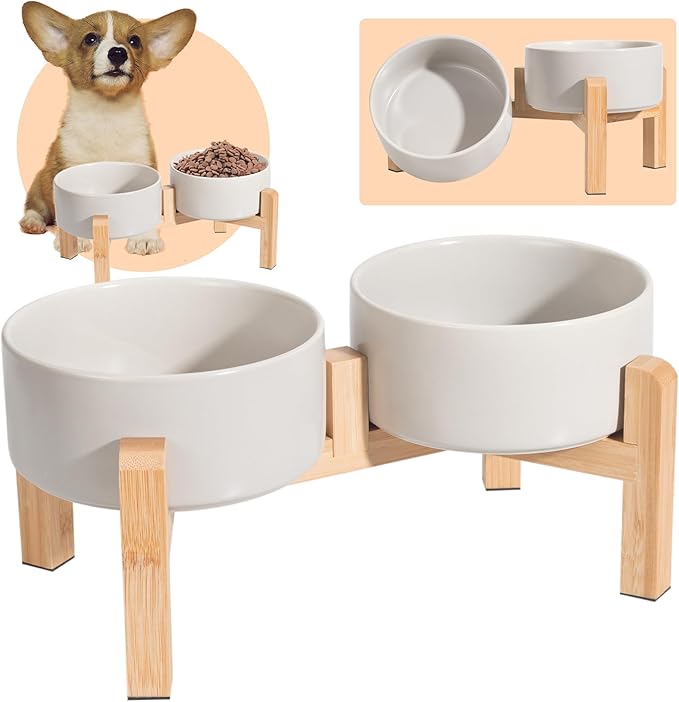 Elevated Ceramic Dog Bowl Set - Raised Dog Bowls with Non-Slip Bamboo Stand - Dog Food and Water Bowl Set - Double Dog Feeding Bowls - Suitable for Small and Medium Dogs - 28.74 OZ - 3.6 CUPS - 850 ML