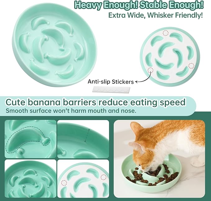 Ceramic Cat Slow Feeder Bowl - Pastel Series Cat Plate for Dry and Wet Food - Cute Maze Feeder Dish for Healthy Eating - Dishwasher Safe - 6.3''W x 1.2''H - 7 OZ - Mint Green