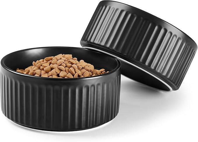 Non-Slip Ceramic Dog Bowls,6" Dog Food and Water Bowl Set with Silicone Base, 32oz/4cups Weighted Flip-Proof Pet Feeding Bowl for Medium Dogs (2Pack,Black)
