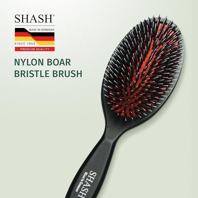 SHASH Since 1869 Hand Made In Germany - Nylon, 100% First Cut Boar Bristle Brush Suitable For Normal to Thick Hair - Gently Detangles, No Pulling or Split Ends - Softens Improves Texture, (Medium)