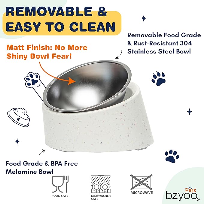 Bzyoo 2 Cup Tilted Dog Bowl for Small Dogs & Cats, Stylish Sprinkle Design, Elevated, Stainless Steel 16oz Inner Bowl, Non-Skid, Help Cotain Spills, Dishwasher Safe Color: White