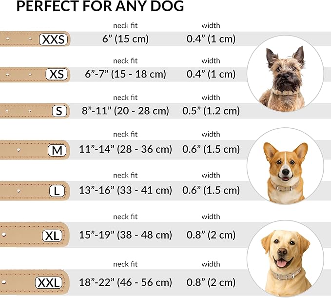 CollarDirect Rolled Leather Dog Collar, Soft Padded Round Puppy Collar, Handmade Genuine Leather Collar Dog Small Large Cat Collars 13 Colors (11-14 Inch, Beige Textured)