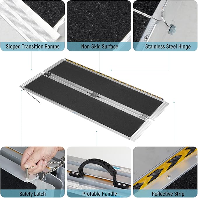 5FT Wheelchair Ramp, Anti-Slip Aluminum Folding Portable Handicap Threshold Entry Ramp for Home, Doorways Steps, Scooter, Stairs, 600LBs Capacity