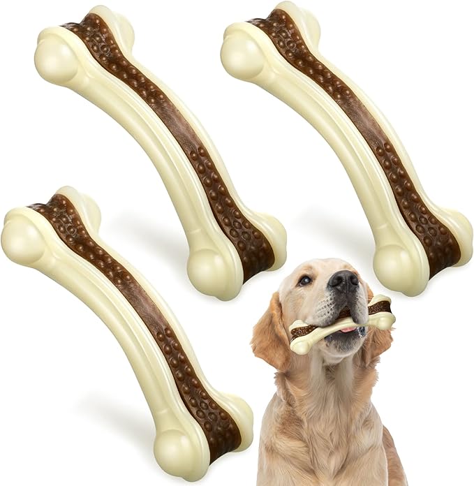 Sosation 3 Pack Chew Toys for Aggressive Chewers, Bone Toys Nylon Beef Flavor Dog Teething Toys for Large/Medium/Small Puppies Breeds(Medium, Curved Bone)