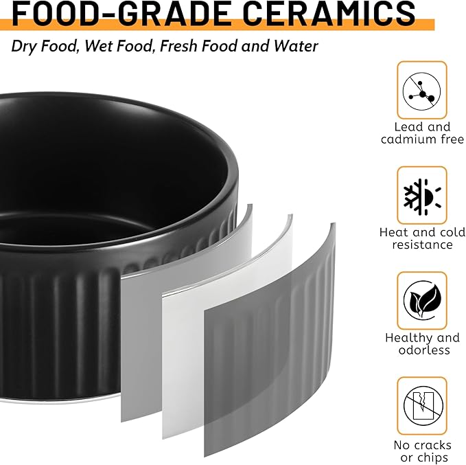 Non-Slip Ceramic Dog Bowls,6" Dog Food and Water Bowl Set with Silicone Base, 32oz/4cups Weighted Flip-Proof Pet Feeding Bowl for Medium Dogs (2Pack,Black)