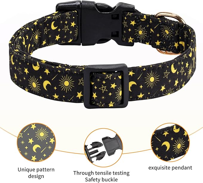 Cotton Dog Collar,Adjustable Cute Puppy Collar with Moon Patterned Design for Small Medium Large Dogs,Soft and Fancy Pet Collar with Safety Buckle for Girl Boy Dogs (Yellow Moon, L)
