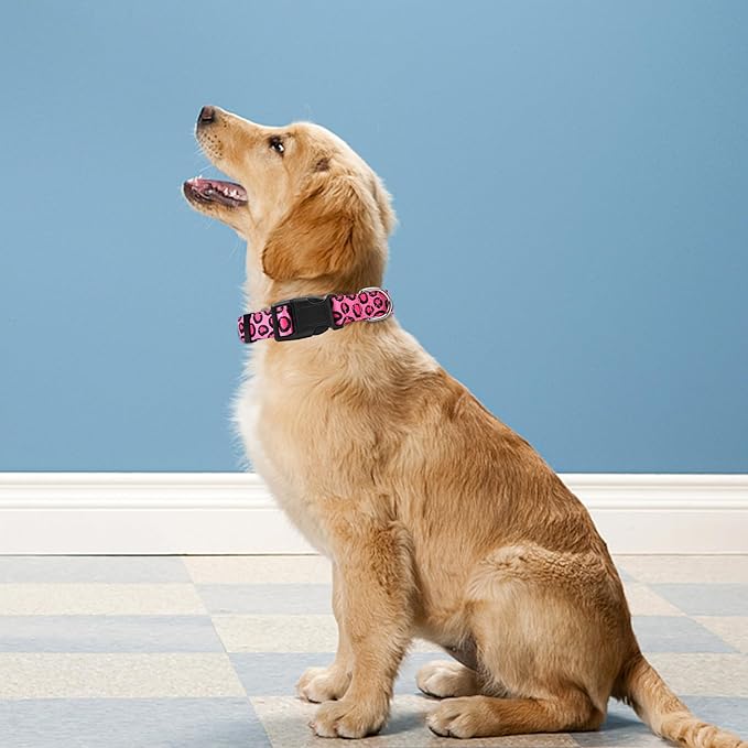 Reflective Dog Collar, Adjustable Soft Neoprene Padded Nylon Pet Collars with Buckle for Puppy and Small Dogs, Cats, Leopard Pink,M