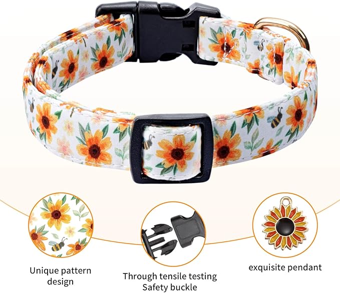 Cotton Dog Collar,Adjustable Cute Puppy Collar with Moon Patterned Design for Small Medium Large Dogs,Soft and Fancy Pet Collar with Safety Buckle for Girl Boy Dogs (Yellow Sunflower, Medium)