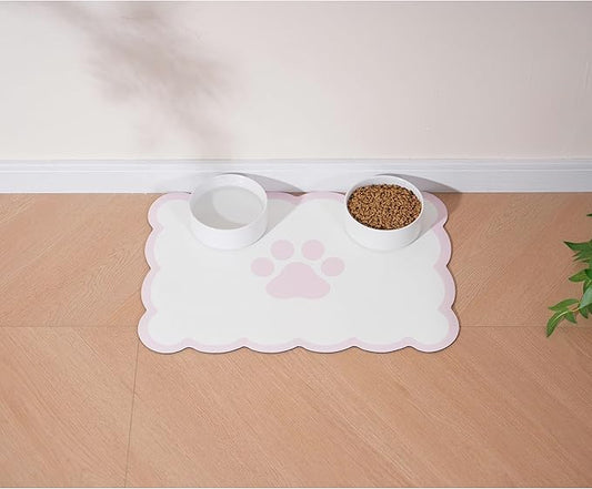 Ralxion Scalloped Dog Feeding Mat, Absorbent Mats for Dog Food and Water Bowl, Dispenser, Cute Elegant Aesthetic Pastel Pink Scallop Pet Placemat for Dogs, Cats, Puppy Accessories, 17" X 24”