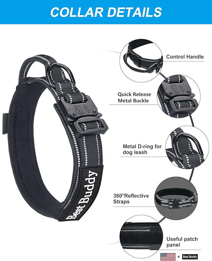 AUBELL Tactical Dog Collar and Leash Set, Reflective Adjustable Heavy Duty Military K9 Collars with Handle and Metal Buckle for Extra Large Dogs, with Airtag Case and 2 Patches(Black,XL)