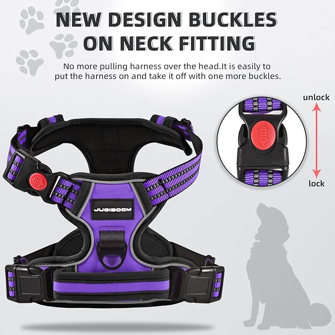 No Pull Dog Harness, Adjustable Soft Padded Dog Vest, Reflective No-Choke Pet Oxford Vest with Easy Control Handle for Small and Large Dogs (Purple, X-Large)