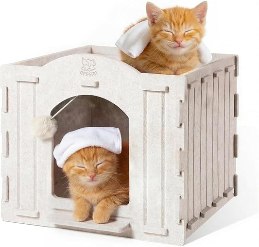Apasiri Cat House Scratch-Resistant: Indoor Warm Enclosed Felt Bed Cave with Hanging Ball Toy, No-Tool Assembly Hideaway for Anxious Cats & Kittens, 13.4x13.4x9.85 Inch Interior