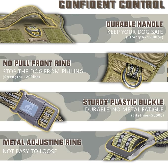 AUROTH Tactical Harness for Large Dogs No Pull Adjustable Pet Harness Reflective K9 Working Training Easy Control Military Service Pet Vest Army Yellow XL