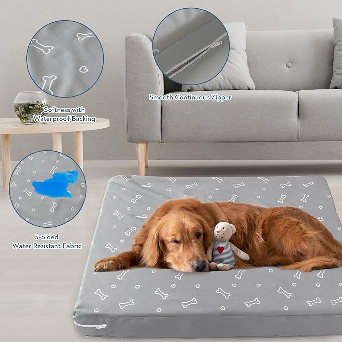 Waterproof Dog Bed Cover, Removable Dog Bed Covers Replacement Washable with Smooth Zipper, Indoor/Outdoor, Bone Print 32 x 44 x 4 Inch for Dog/Cat, Cover Only