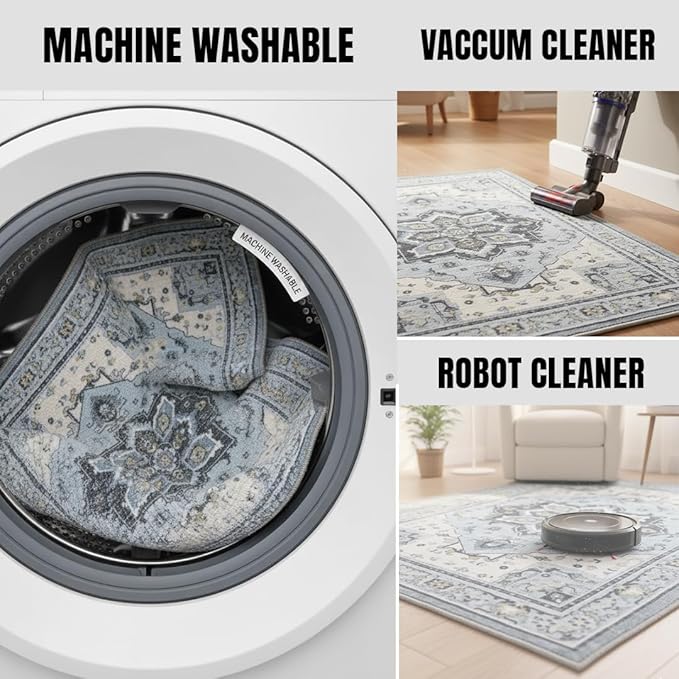 Muddy Mat짰 Azure 2ft x 7ft Washable Area Rugs for Living Room, Bedroom & Dining Room ??Modern Soft Low Pile Non Slip Carpet ??Pet Friendly Waterproof Foldable Rugs for Home