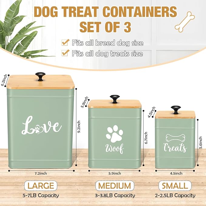 Metal Dog Treat Containers Set of 3 with Bamboo Lids and Spoon Airtight 7+3+2 lbs Dog Food Snack Jars with DIY Labels Big Pet Cookie Storage Jar for Kitchen Counter (Sage Green,Cute)