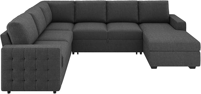 HONBAY Sectional Sleeper Sofa with Pull-Out Bed Storage Chaise,Modular Couch for Living Room, Middle Grey