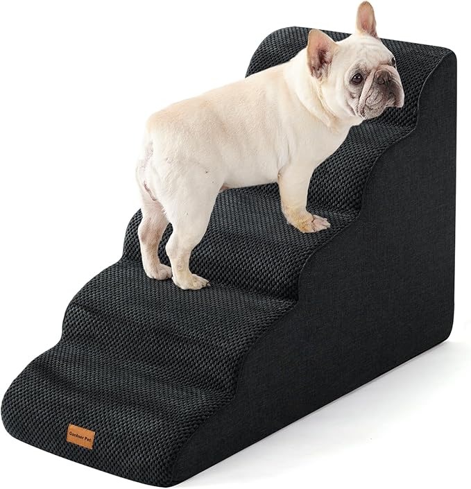 Gardner Pet Dog Stairs for Small Dogs 22.8" H, 5-Step Black Curved Pet Stairs, Dog Steps for High Bed, Couch (24-30 in) with Durable Non-Slip Waterproof Fabric Cover and CertiPUR-US Certified Foam