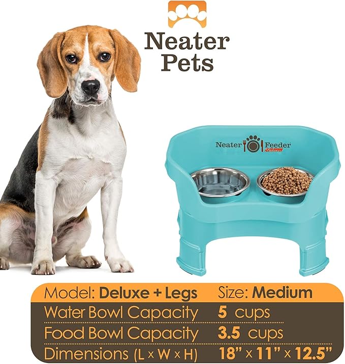 Neater Feeder Deluxe Mess Proof Dog Bowls Elevated Medium Sized Dogs (19-40 lbs) Made in USA, No Spill Raised Dog Food Bowl Stand w/Leg Extension, Stainless Steel Food and Water Bowl Set, Aquamarine