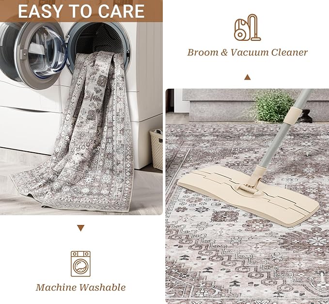 Washable Rug 8x10 Area Rugs for Living Room - Stain Resistant Non-Slip Backing Rugs for Bedroom - Vintage Large Area Rug (Brown/Beige, 8'x10')