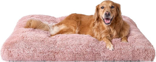 EHEYCIGA Fluffy Dog Crate Bed for Extra Large Dogs, Plush Faux Fur Crate Pad, Calming Anti Anxiety XL Dog Bed, Washable Soft Warm Crate Mat with Non-Slip Bottom, Pink