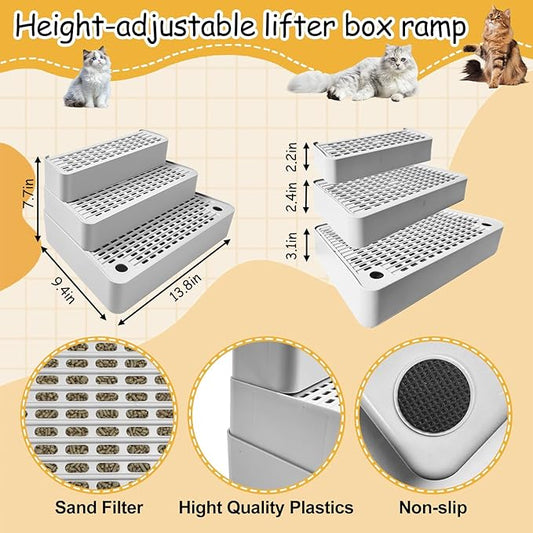 Adjustable 3 Steps Cat Litter Box Step, Litter Box Ramp with Filter Function, Non-Slip, Easy to Clean,Cat Litter Stair for Small & Elderly Cats (Light Grey)