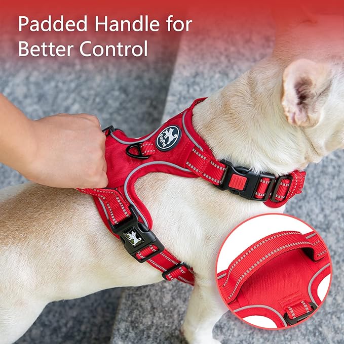 PoyPet No Pull Dog Harness, No Choke Reflective Dog Vest, Adjustable Pet Harnesses with Easy Control Padded Handle for Small Medium Large Dogs(Red Matching Trim,S)