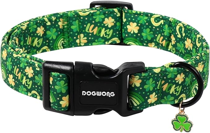 DOGWONG St Patrick's Dog Collar, Green Clover Pet Collar Cotton Shamrock Pet Collar Cute Puppy Collar Adjustable Pet Dog Collars for Small Dogs,S