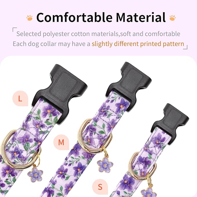 Cotton Dog Collar,Adjustable Cute Puppy Collar with Moon Patterned Design for Small Medium Large Dogs,Soft and Fancy Pet Collar with Safety Buckle for Girl Boy Dogs (Violet, S)