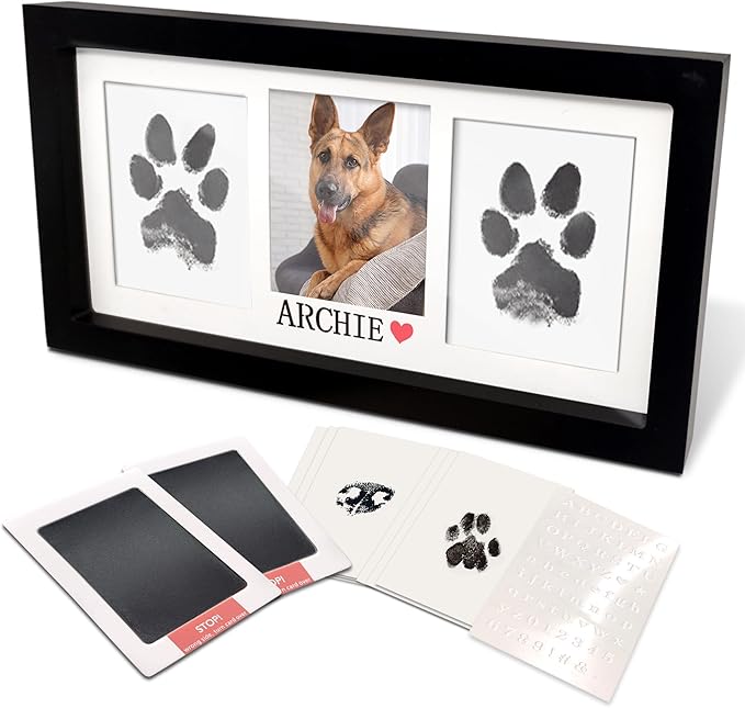 MYPAWLETS-Extra Large Inkless Paw Print Stamp Pad for Dog &Paw Print Frame,Cat Dog Paw Print Kit,2 Clean Touch Ink Pads,Pet Paw Print Impression Kit with Wooden Frame,Personalized Paw Print Gift-Black