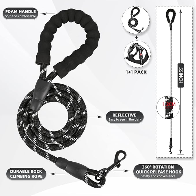 No Pull Dog Harness with A Free Heavy Duty 5ft Dog Leash, Adjustable Soft Padded Dog Vest, Reflective No-Choke Pet Oxford Vest with Easy Control Handle and Dog Leash for Dogs (Grey, X-Large)
