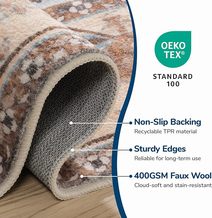 Lessymo 5x7 Area Rugs- Machine Washable Area Rugs, Super Soft Faux-Wool Area Rug for Living Room Bedroom, Boho Area Rug Vintage Floral Medallion Non-Slip Low Pile, Orange Beige